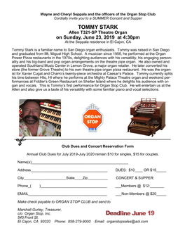 TOMMY STARK Allen T321-SP Theatre Organ on Sunday, June 23, 2019 at 4:30Pm at the Seppala Residence in El Cajon, CA