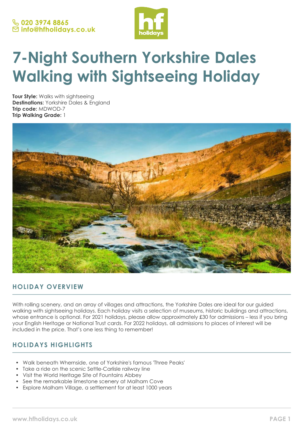7-Night Southern Yorkshire Dales Walking with Sightseeing Holiday