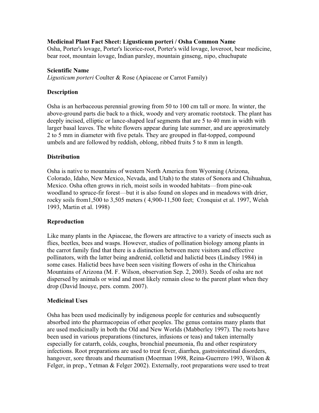 Medicinal Plant Fact Sheet: Ligusticum Porteri