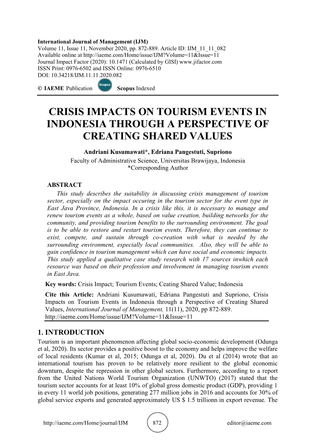 Crisis Impacts on Tourism Events in Indonesia Through a Perspective of Creating Shared Values