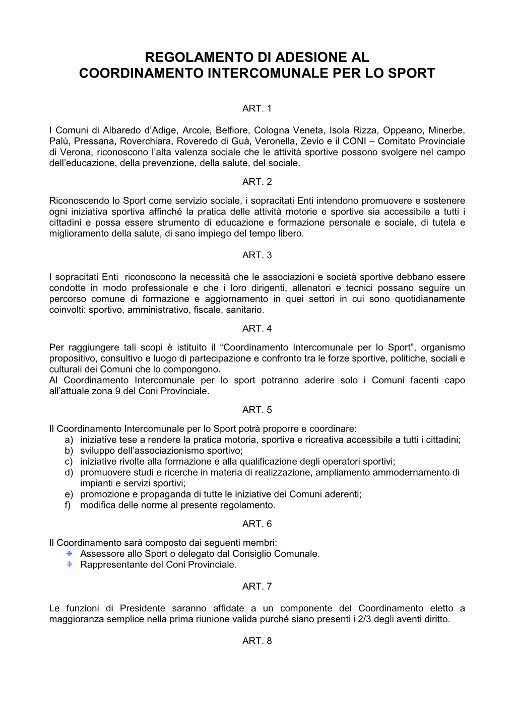 Regolamento Di Adesione Al Coordinamento Intercomunale Per Lo Sport