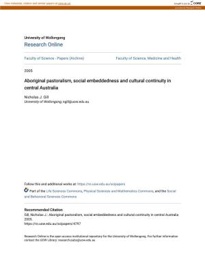 Aboriginal Pastoralism, Social Embeddedness and Cultural Continuity in Central Australia