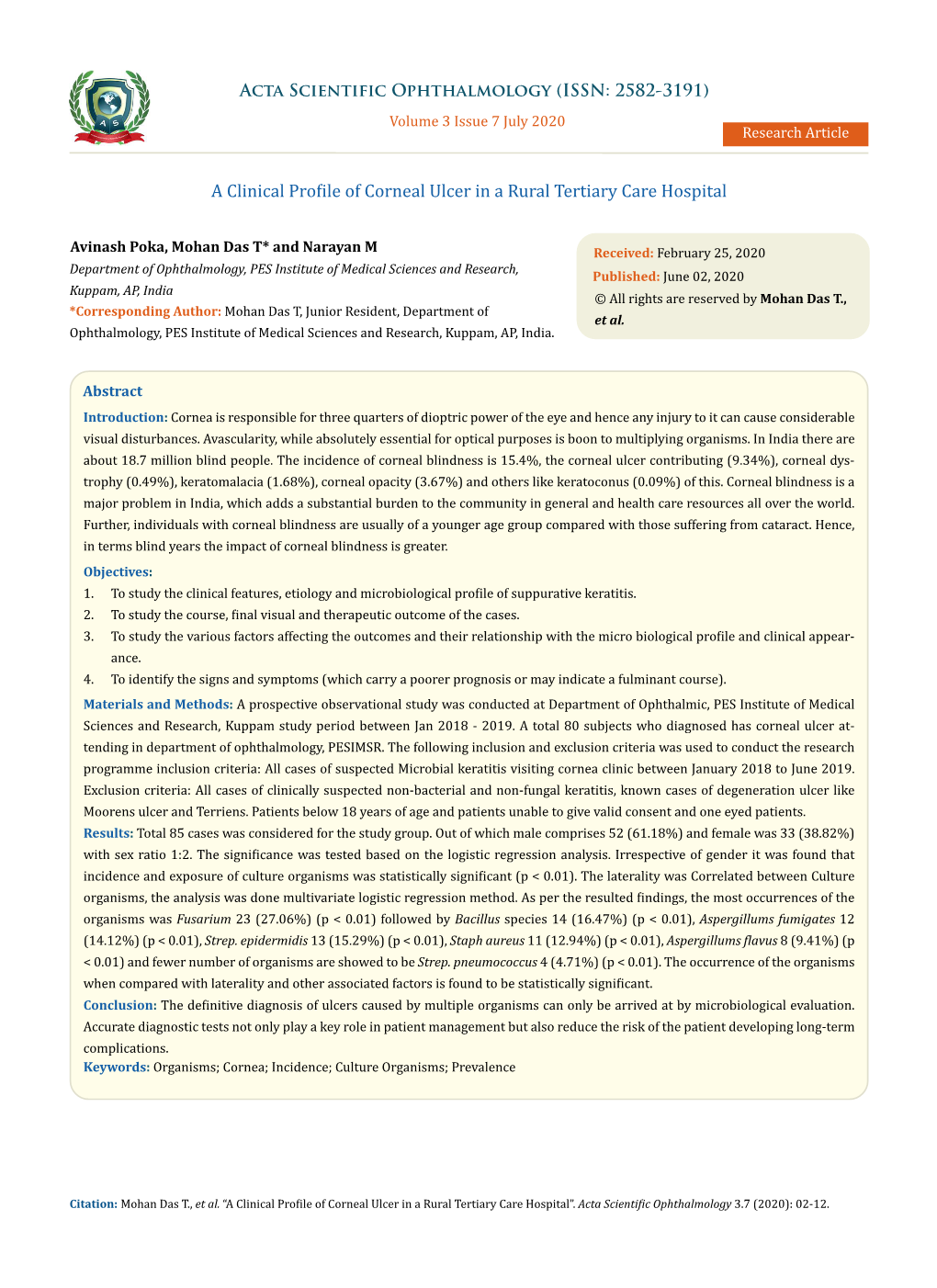 A Clinical Profile of Corneal Ulcer in a Rural Tertiary Care Hospital