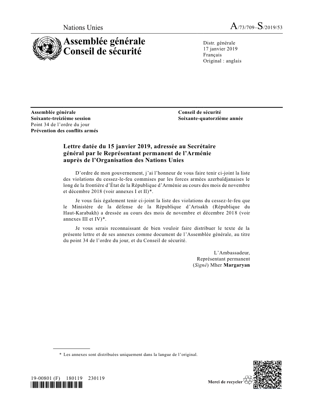 Assemblée Générale Conseil De Sécurité Soixante-Treizième Session Soixante-Quatorzième Année Point 34 De L’Ordre Du Jour Prévention Des Conflits Armés