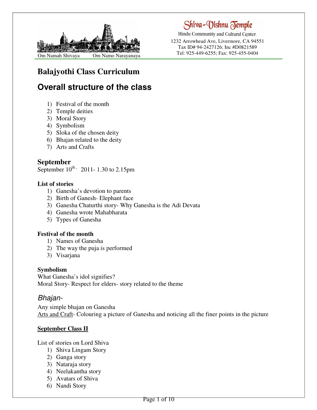 Balajyothi Class Curriculum Overall Structure of the Class