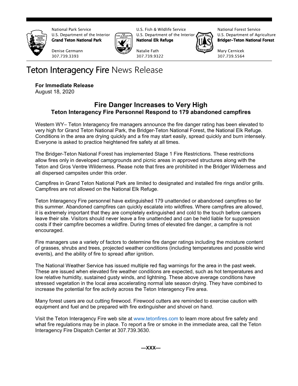 Teton Interagency Fire News Release