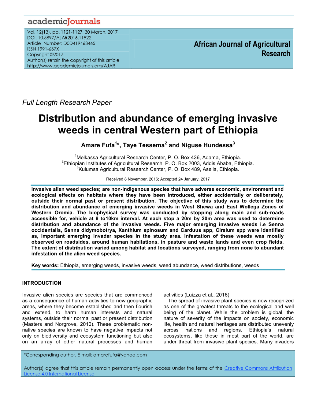 Distribution and Abundance of Emerging Invasive Weeds in Central Western Part of Ethiopia