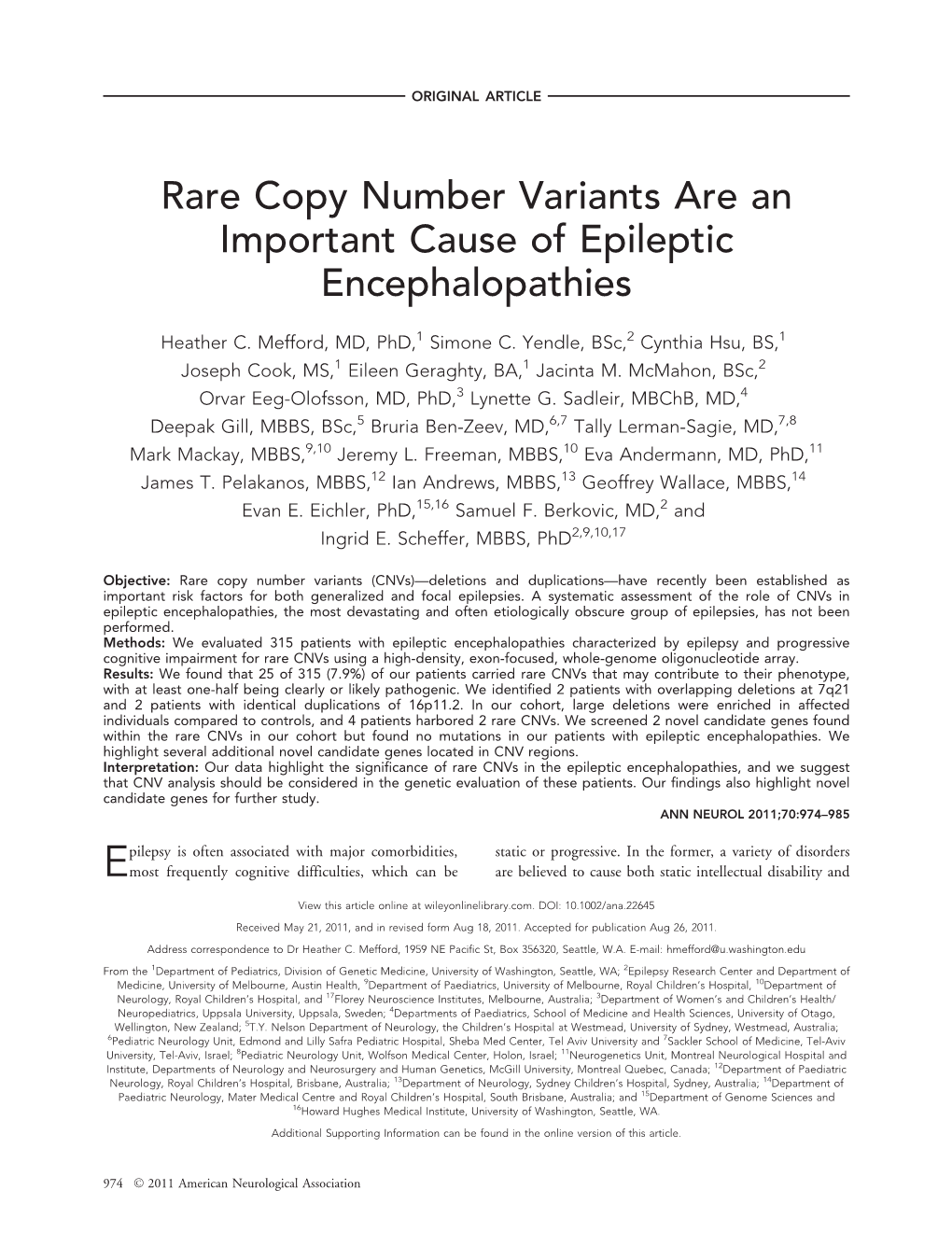 Rare Copy Number Variants Are an Important Cause of Epileptic Encephalopathies