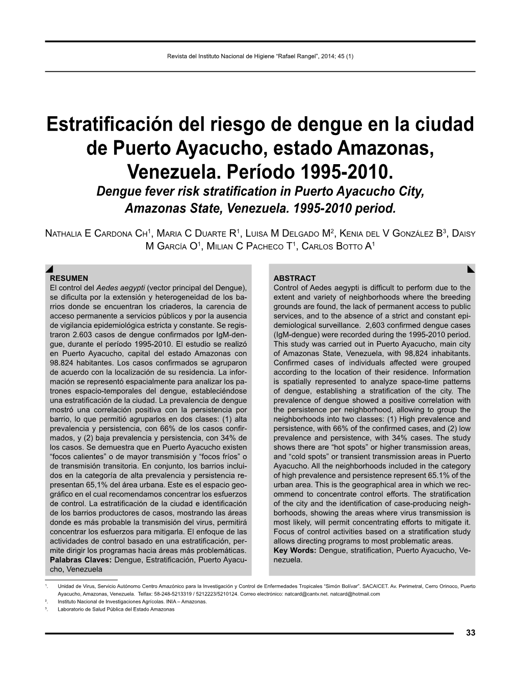 Estratificación Del Riesgo De Dengue En La Ciudad De Puerto Ayacucho, Estado Amazonas, Venezuela