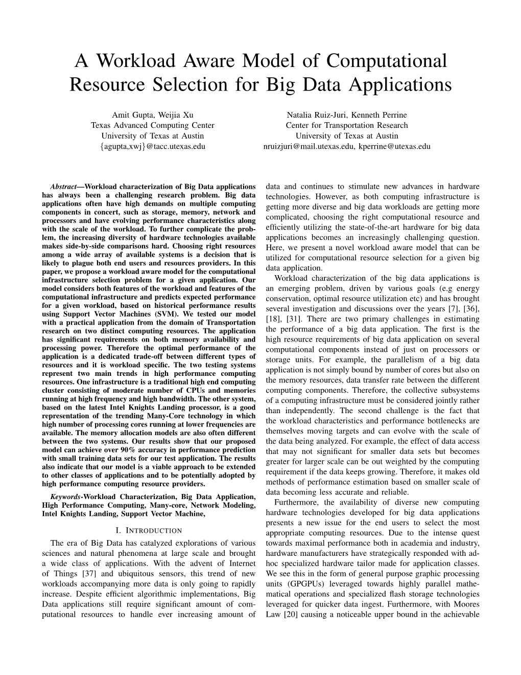 A Workload Aware Model of Computational Resource Selection for Big Data Applications