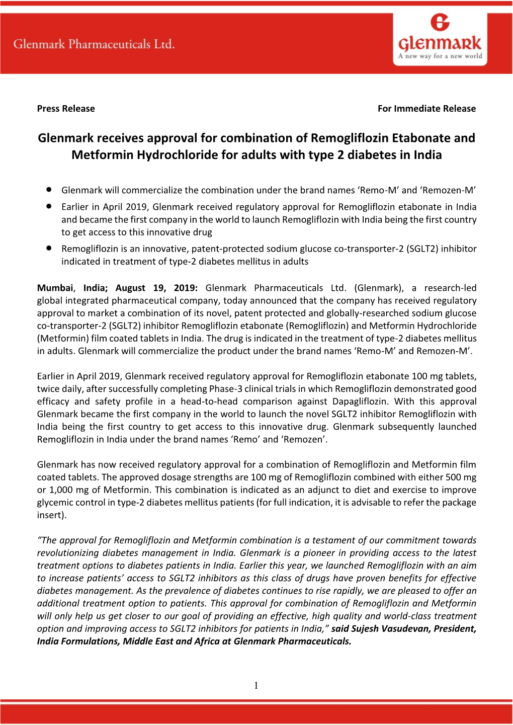 Glenmark Receives Approval for Combination of Remogliflozin Etabonate and Metformin Hydrochloride for Adults with Type 2 Diabetes in India