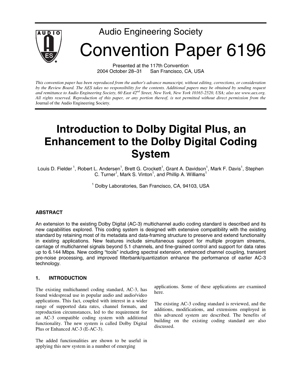 Introduction to Dolby Digital Plus, an Enhancement to the Dolby Digital Coding System