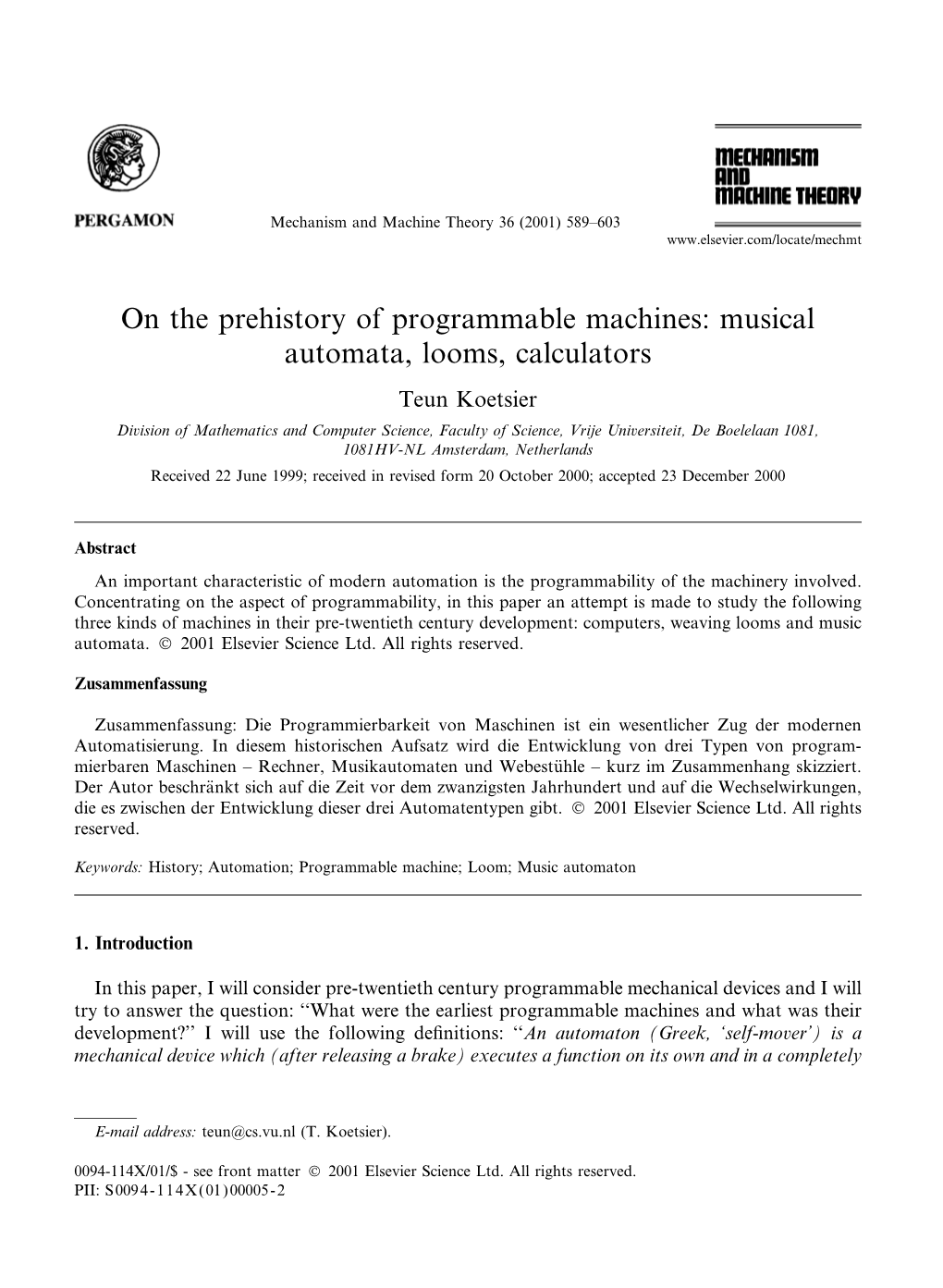 On the Prehistory of Programmable Machines: Musical Automata, Looms