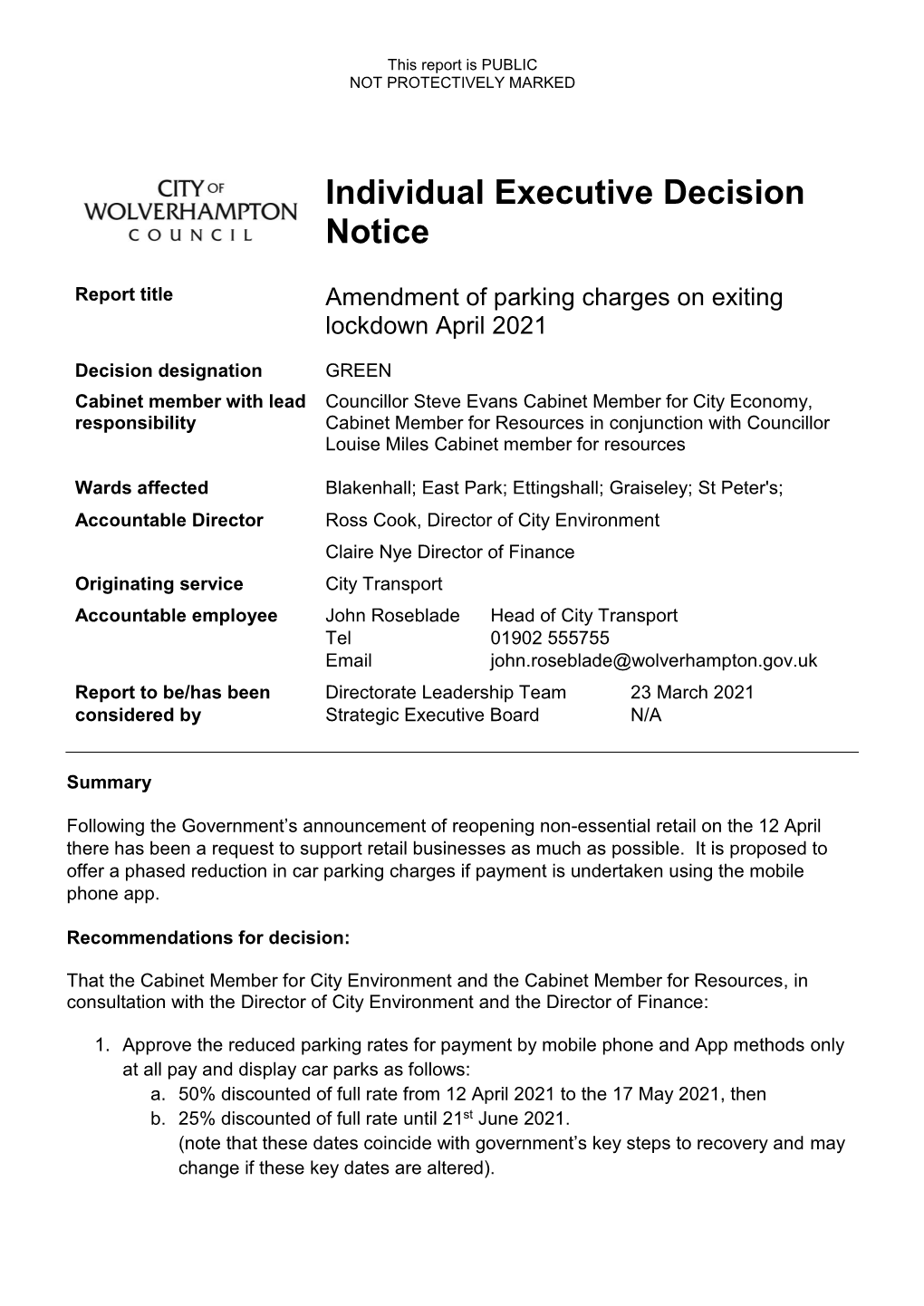 Amendment of Parking Charges on Exiting Lockdown April 2021 PDF