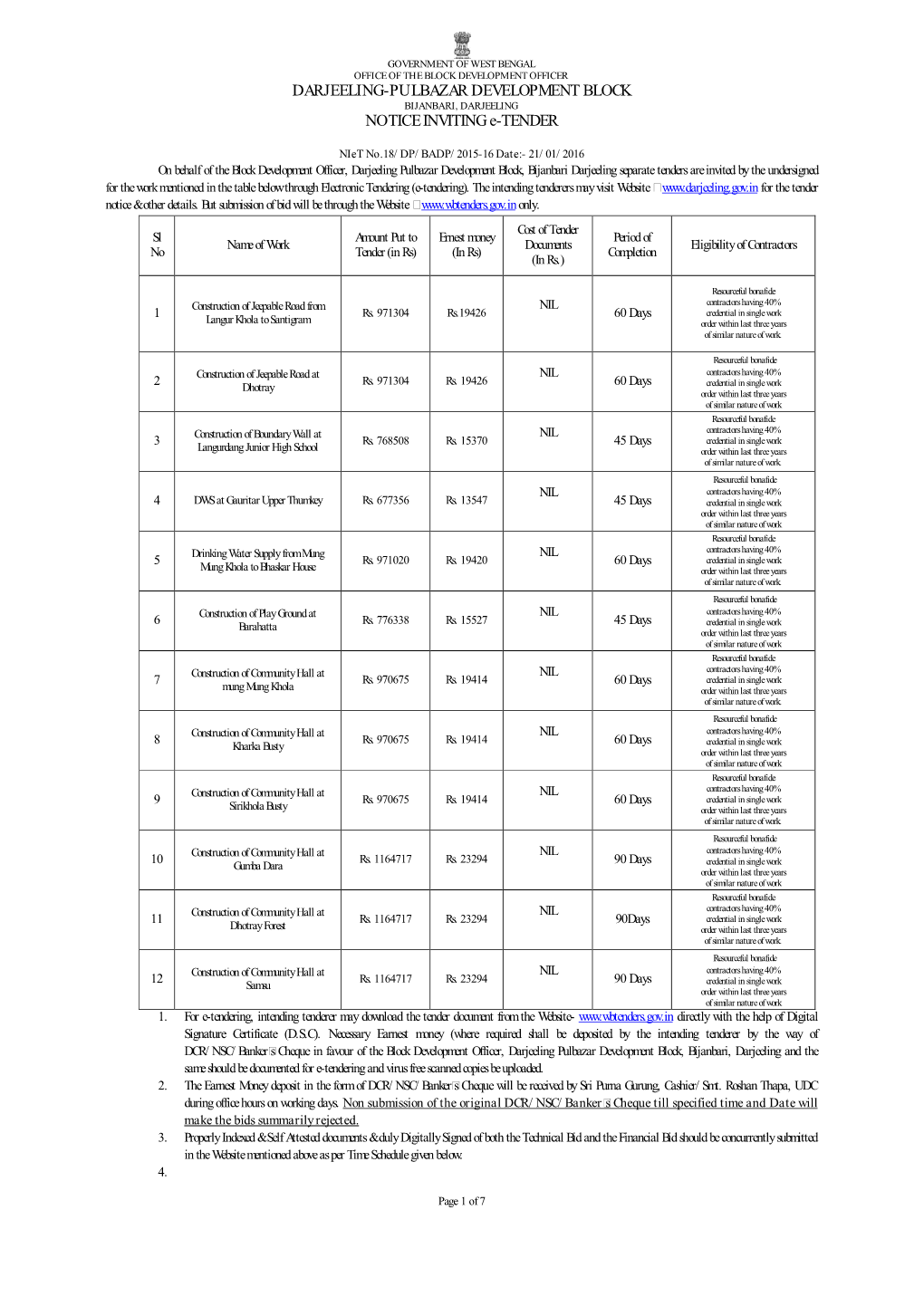 DARJEELING-PULBAZAR DEVELOPMENT BLOCK NOTICE INVITING E-TENDER