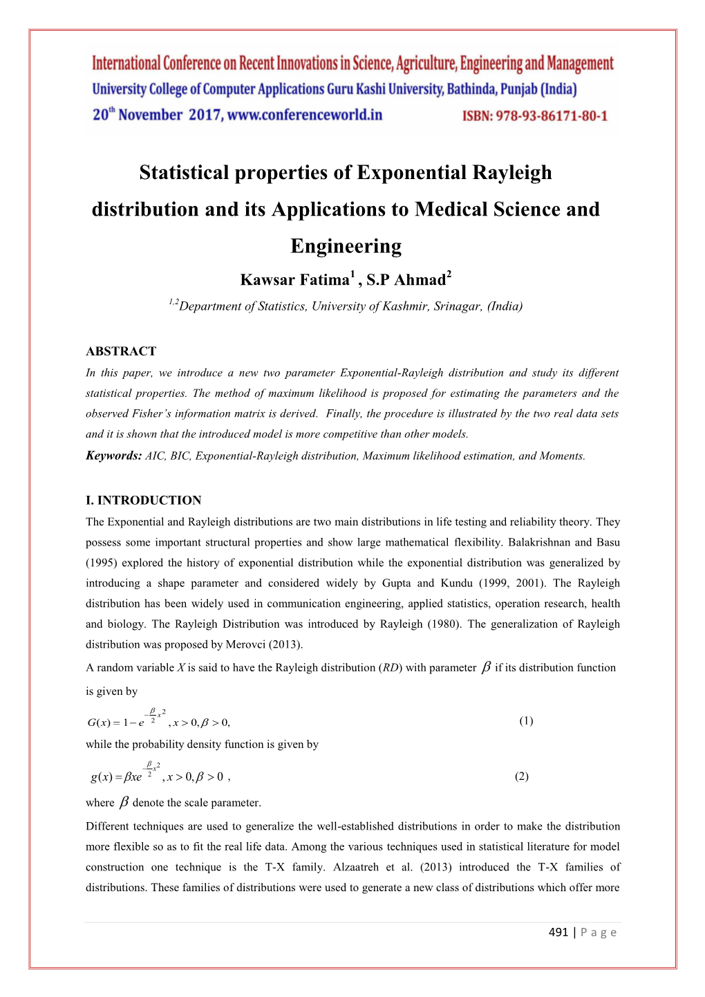 Statistical Properties of Exponential Rayleigh Distribution and Its