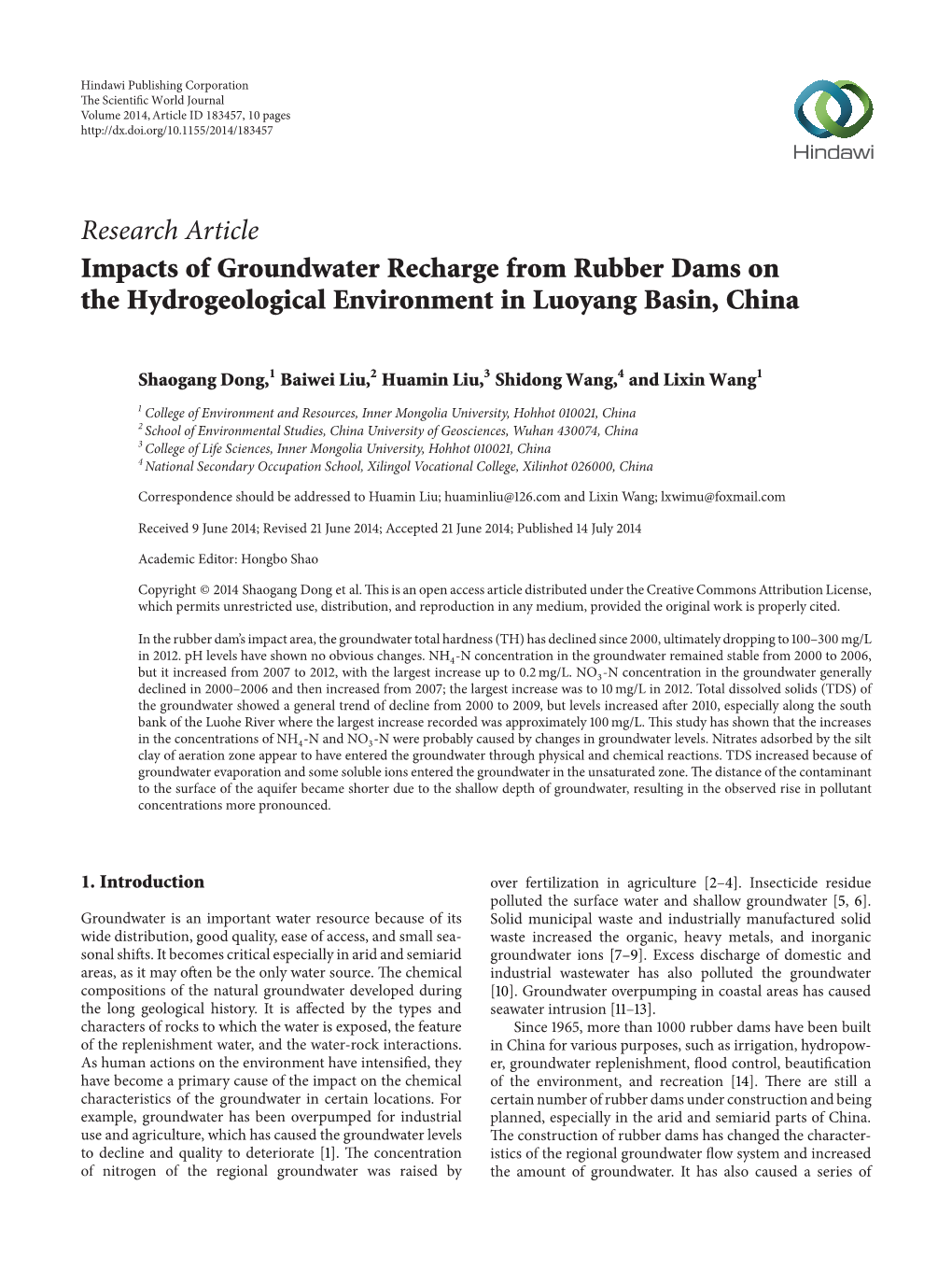 Impacts of Groundwater Recharge from Rubber Dams on the Hydrogeological Environment in Luoyang Basin, China