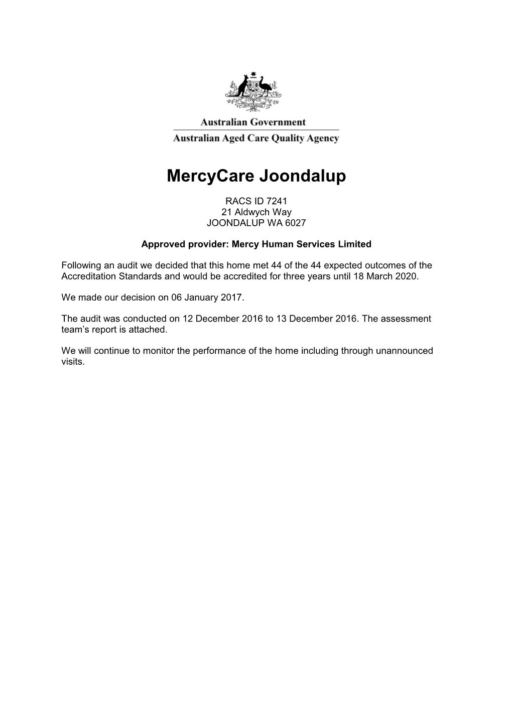 Approved Provider: Mercy Human Services Limited