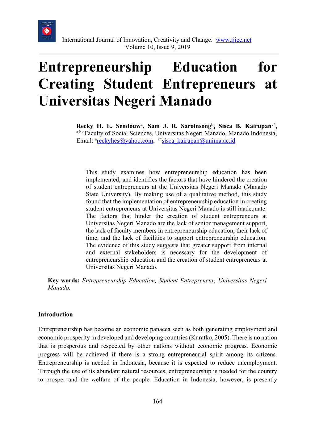 Entrepreneurship Education for Creating Student Entrepreneurs at Universitas Negeri Manado