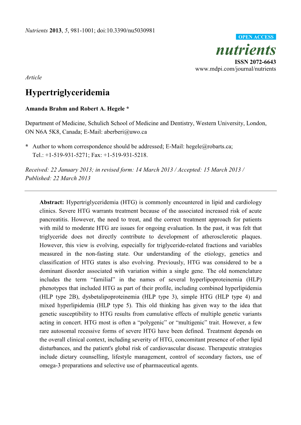 Nutrients 2013, 5, 981-1001; Doi:10.3390/Nu5030981 OPEN ACCESS Nutrients ISSN 2072-6643 Article Hypertriglyceridemia