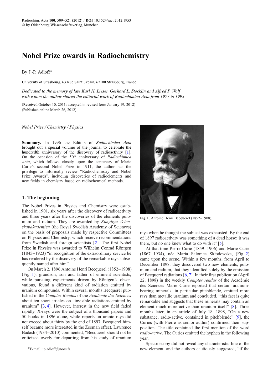 Nobel Prize Awards in Radiochemistry