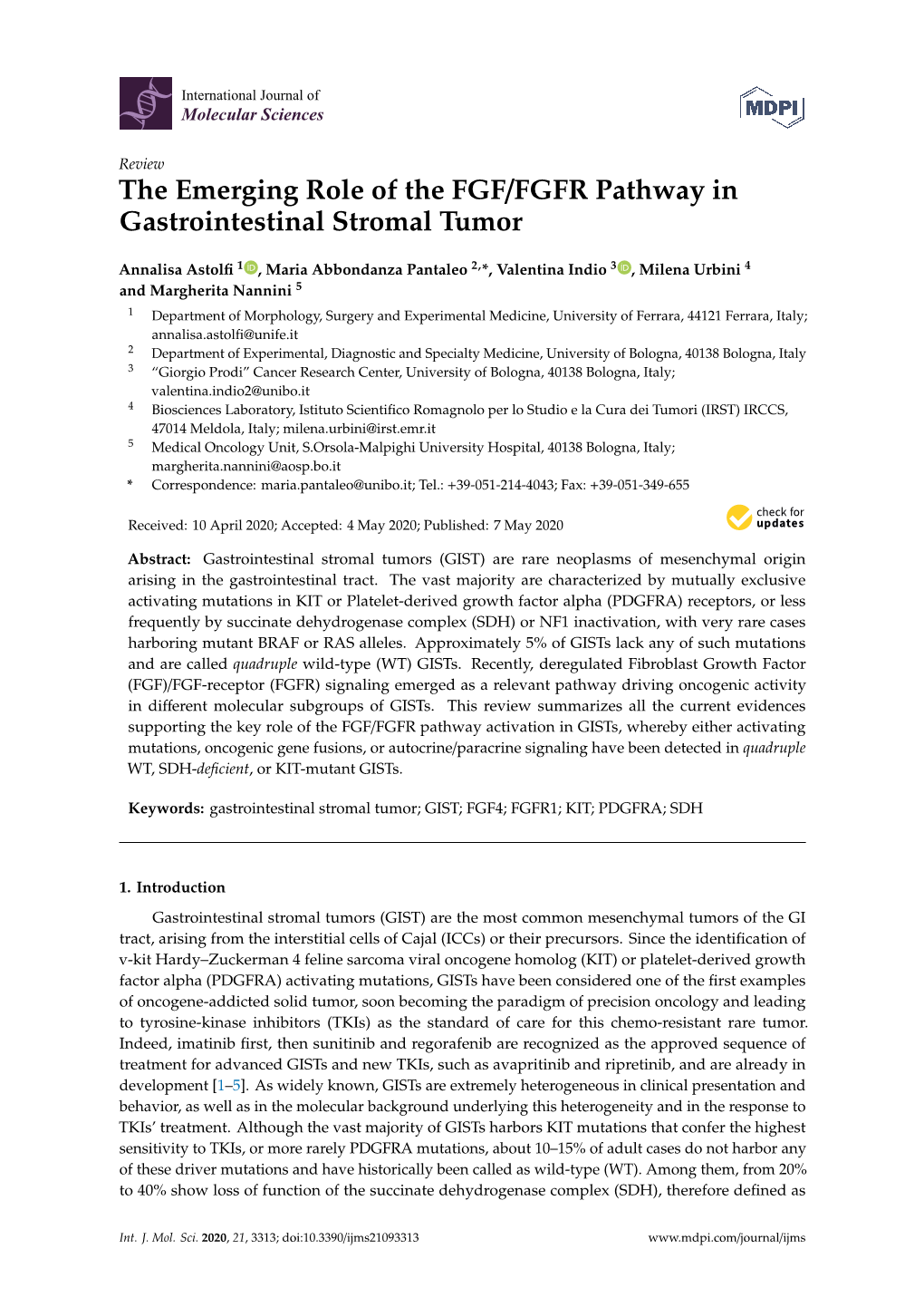 The Emerging Role of the FGF/FGFR Pathway in Gastrointestinal Stromal Tumor