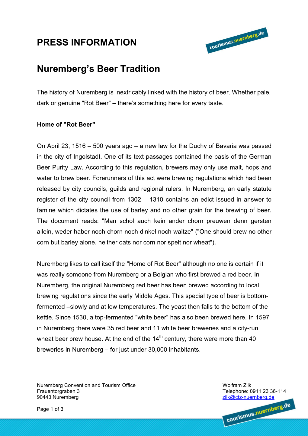PRESS INFORMATION Nuremberg's Beer Tradition