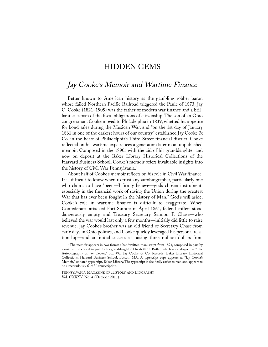 Jay Cooke's Memoir and Wartime Finanace