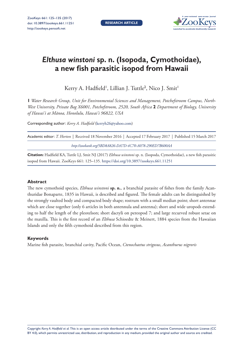 Elthusa Winstoni Sp. N. (Isopoda, Cymothoidae), a New Fish Parasitic Isopod from Hawaii