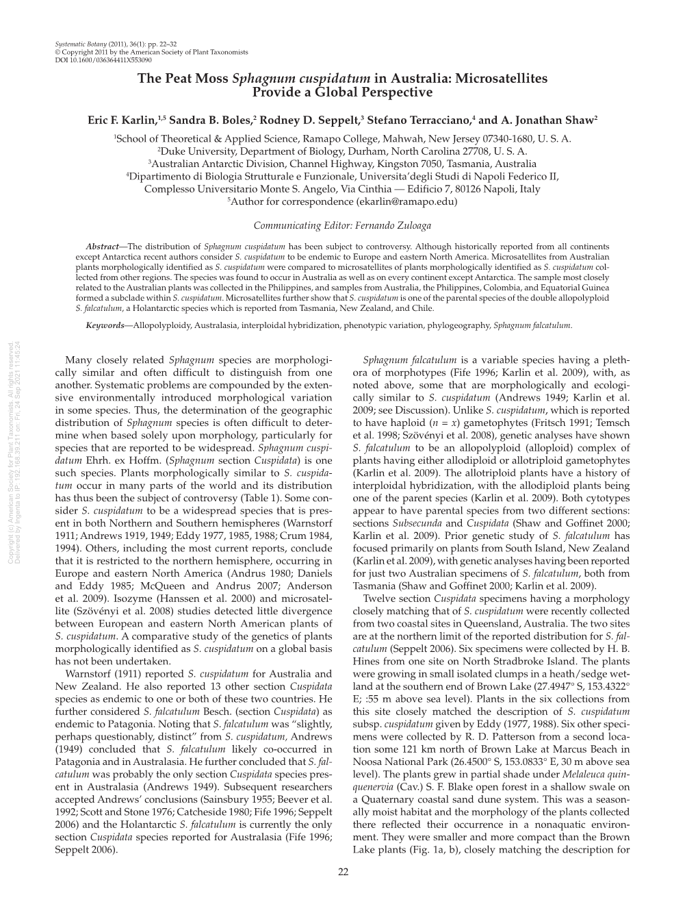 &lt;I&gt;Sphagnum Cuspidatum&lt;/I&gt; in Australia: Microsatellites Provide a Global Perspective