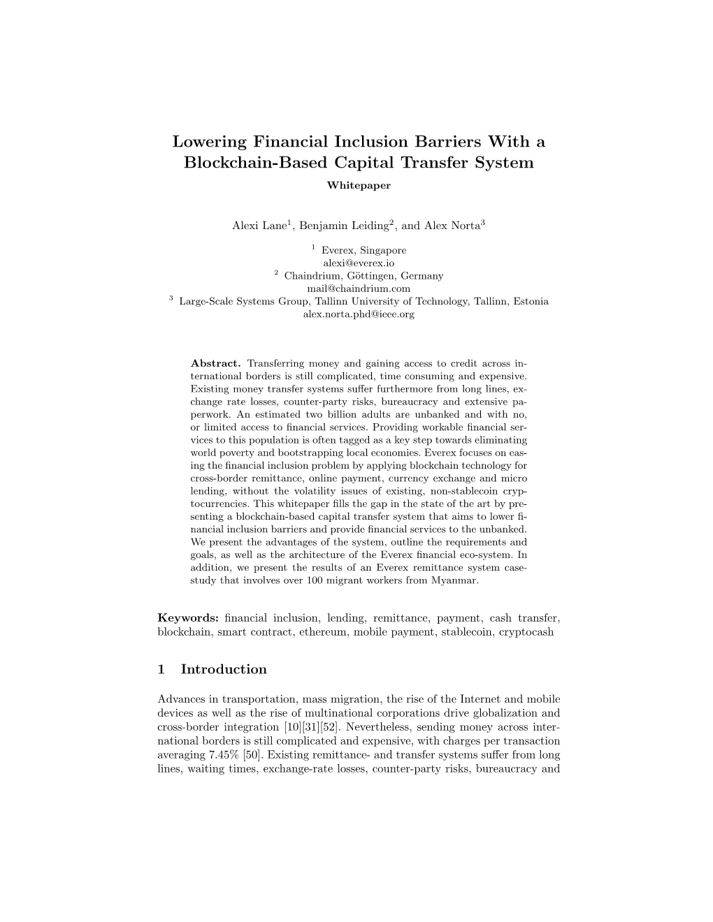 Lowering Financial Inclusion Barriers with a Blockchain-Based Capital Transfer System Whitepaper