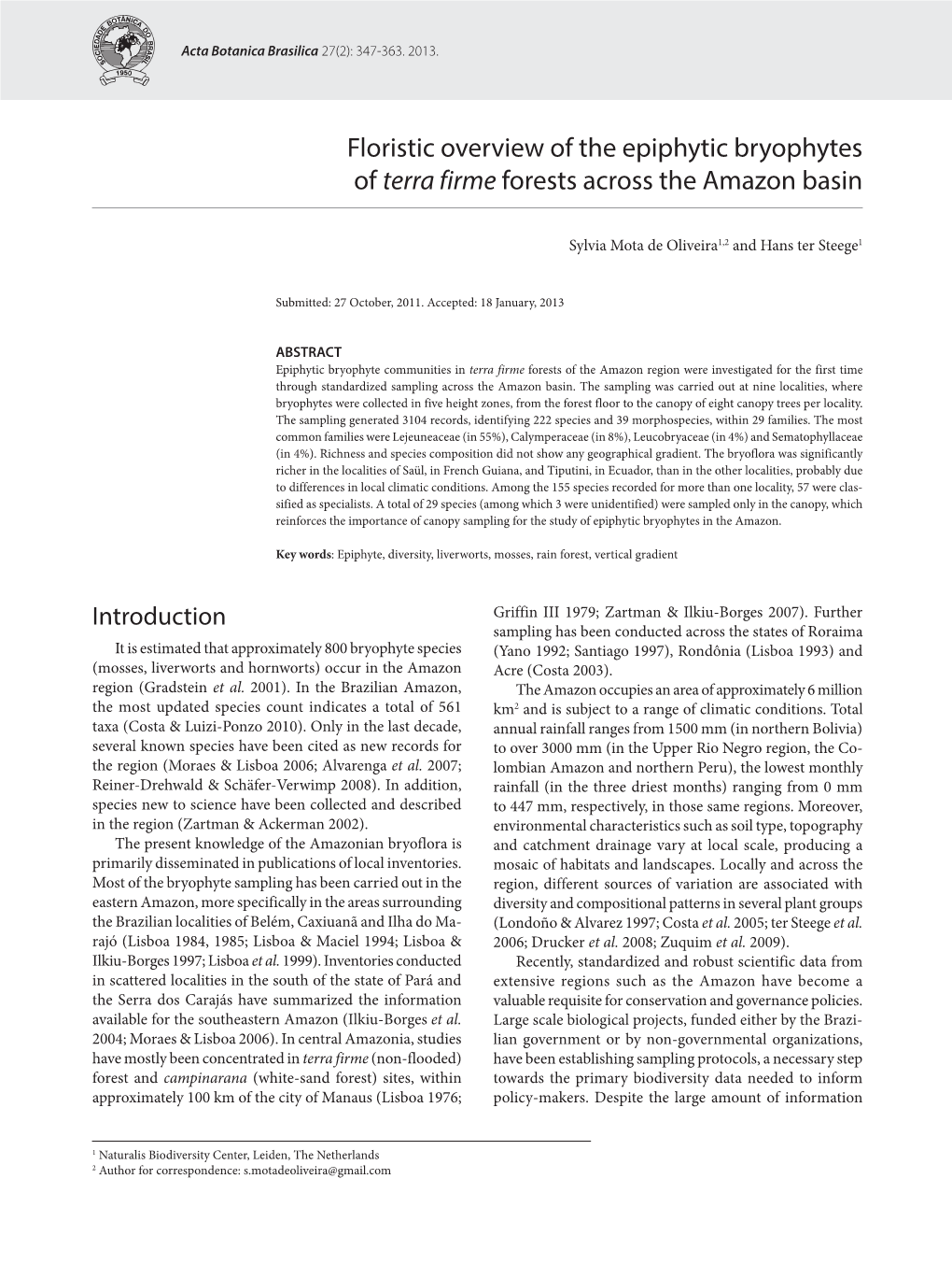 Floristic Overview of the Epiphytic Bryophytes of Terra Firme Forests Across the Amazon Basin