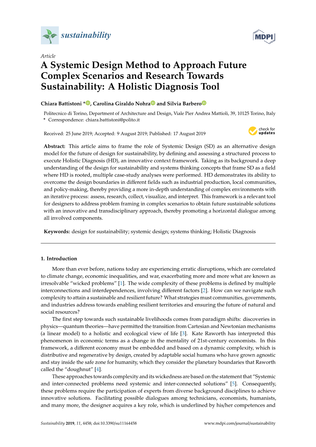 A Systemic Design Method to Approach Future Complex Scenarios and Research Towards Sustainability: a Holistic Diagnosis Tool