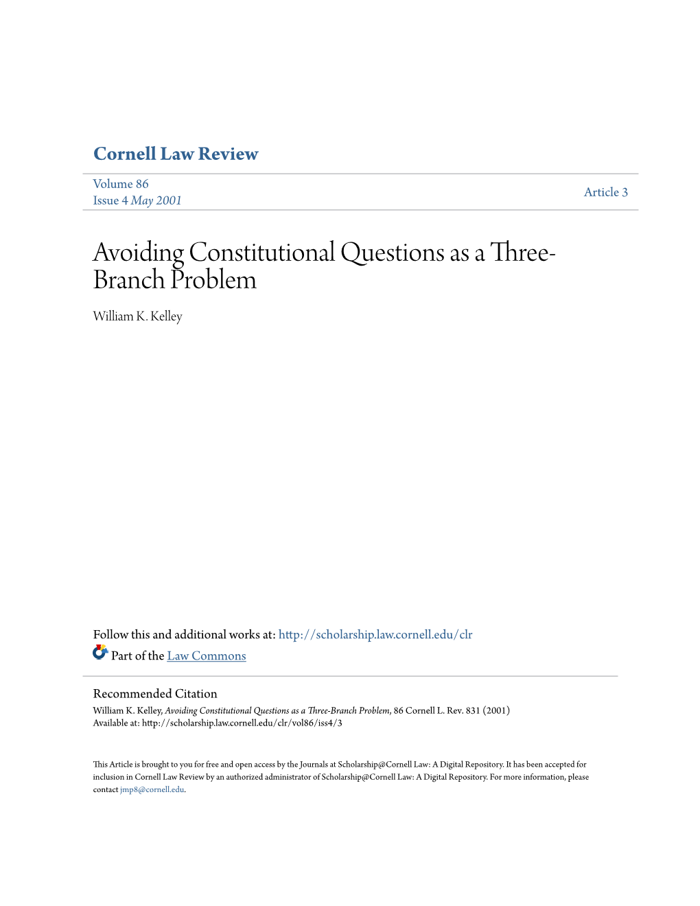 Avoiding Constitutional Questions As a Three-Branch Problem, 86 Cornell L