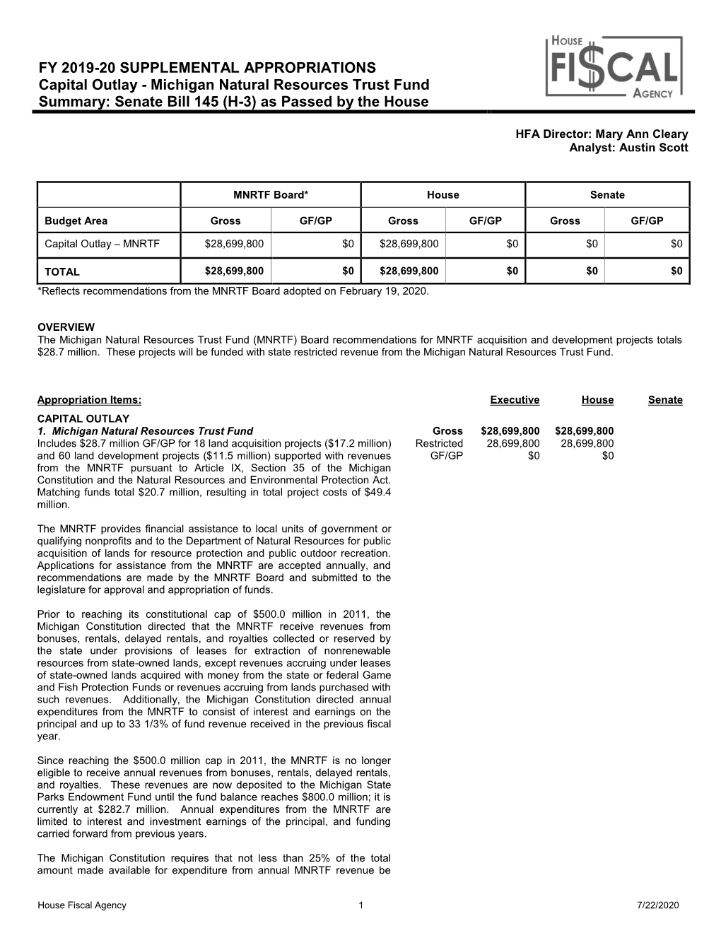 Analysis As Passed by the House (7/22/2020)