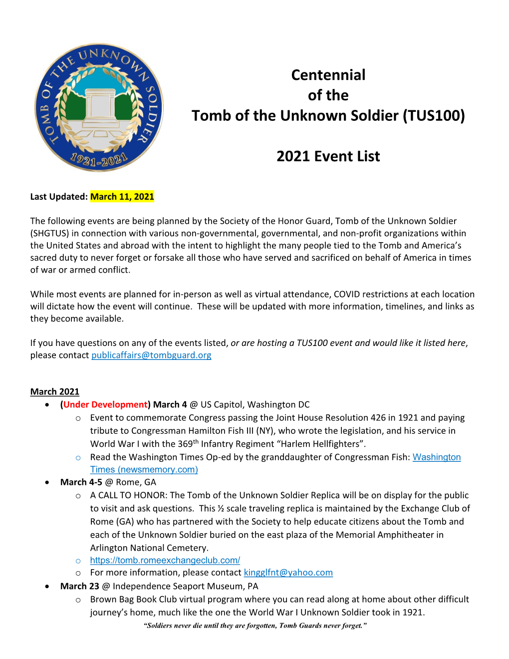 Centennial of the Tomb of the Unknown Soldier (TUS100) 2021 Event List