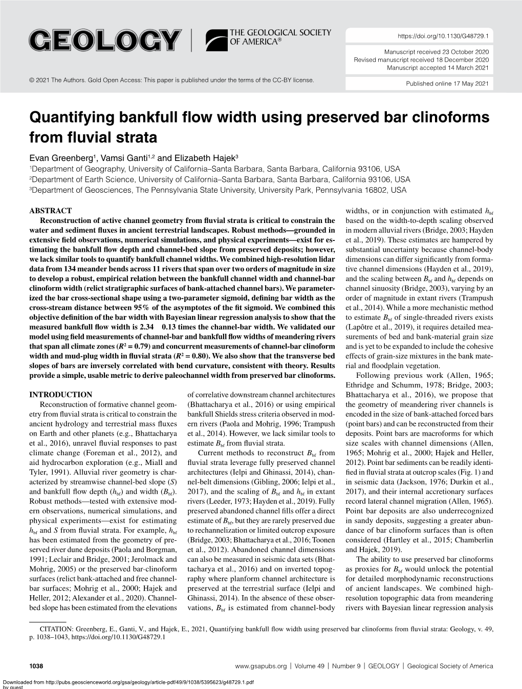 Quantifying Bankfull Flow Width Using Preserved Bar Clinoforms From