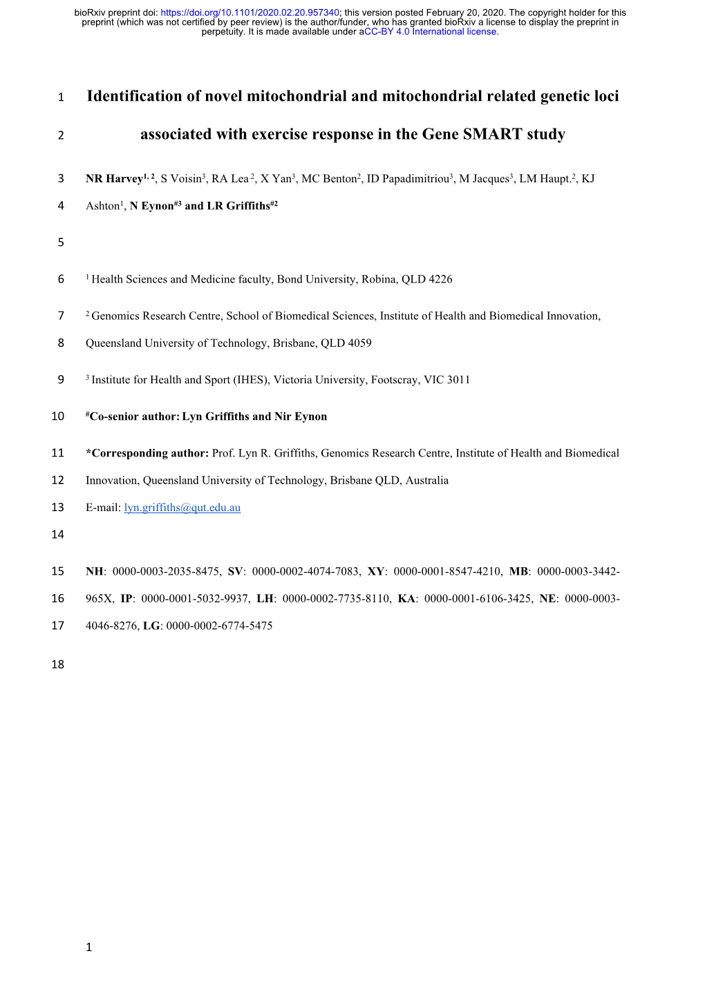 Identification of Novel Mitochondrial and Mitochondrial Related Genetic Loci Associated with Exercise Response in the Gene SMART