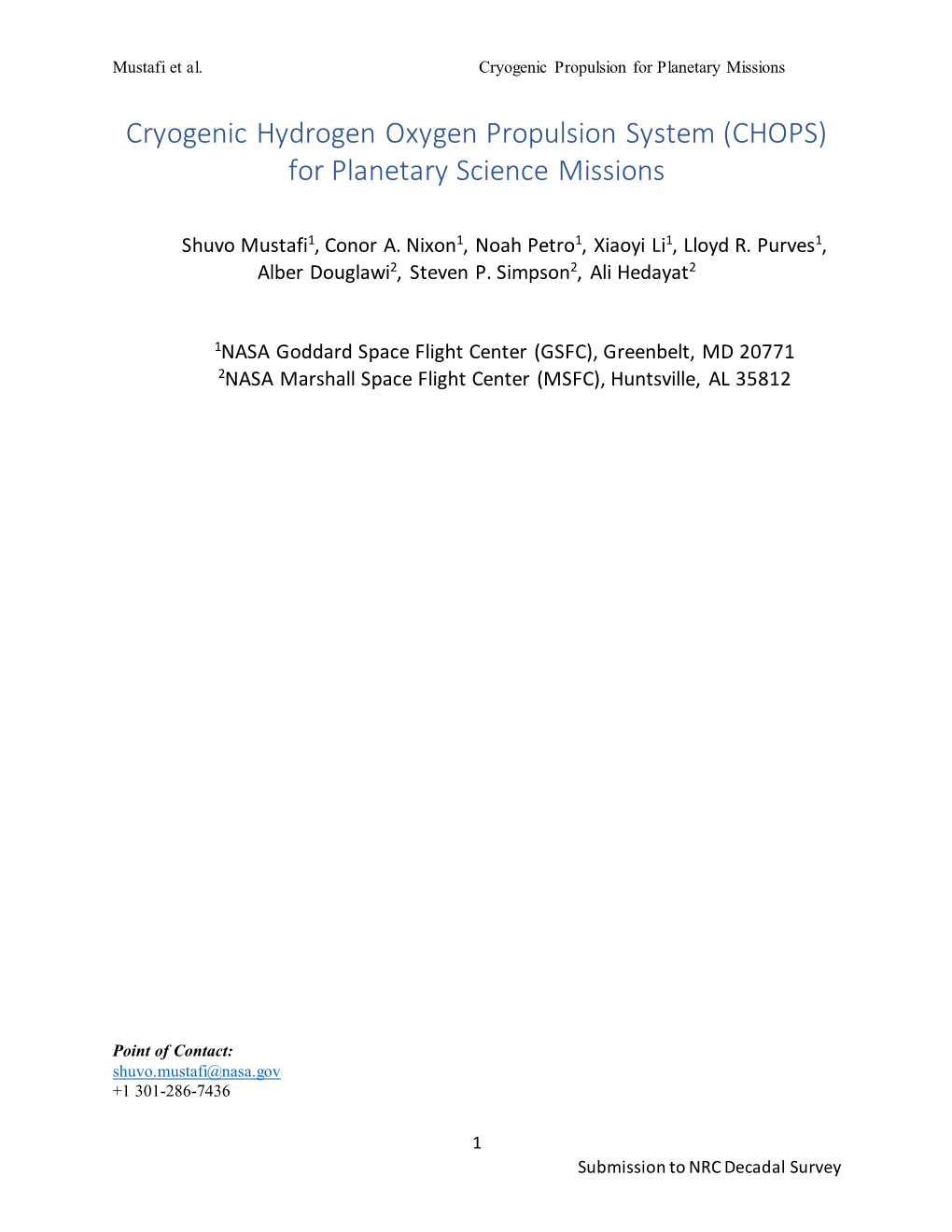 Cryogenic Hydrogen Oxygen Propulsion System (CHOPS) for Planetary Science Missions