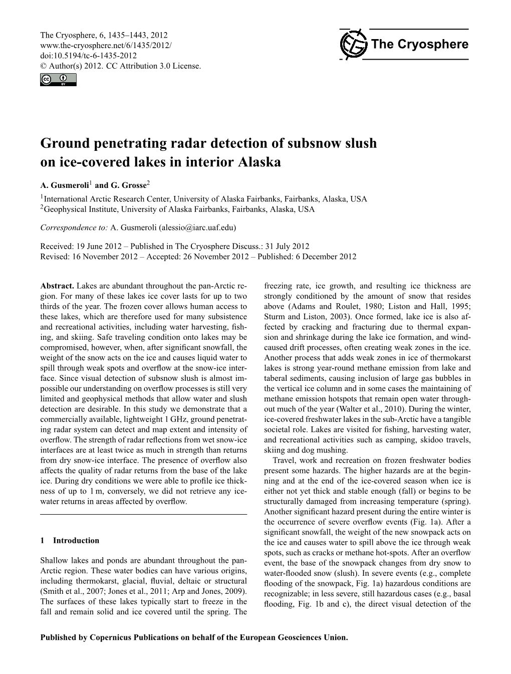 Ground Penetrating Radar Detection of Subsnow Slush on Ice-Covered Lakes in Interior Alaska