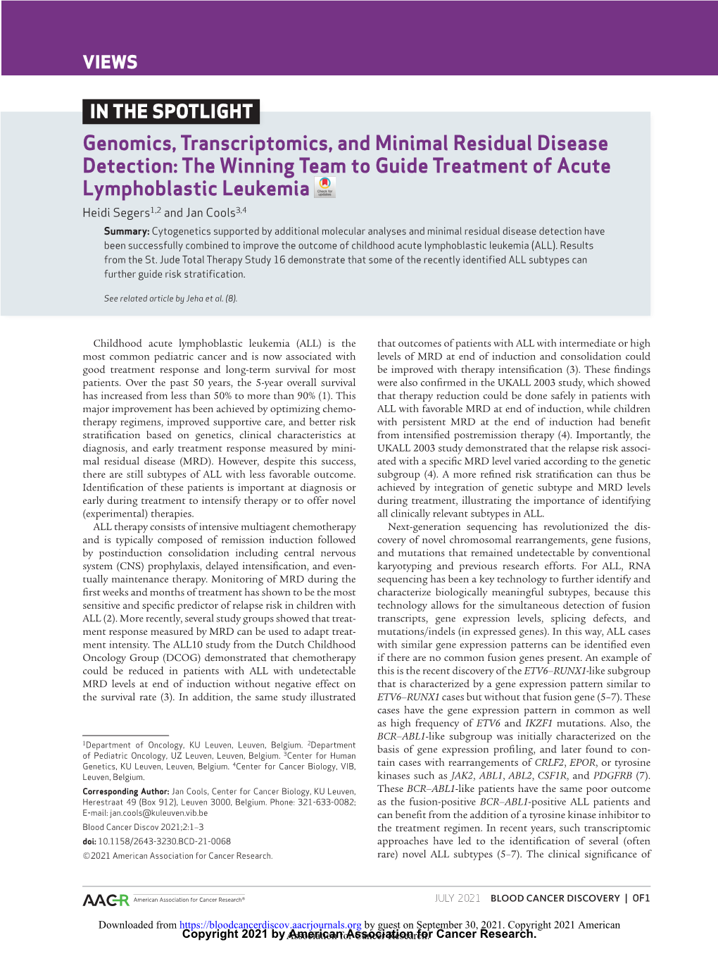 Genomics, Transcriptomics, and Minimal Residual Disease Detection