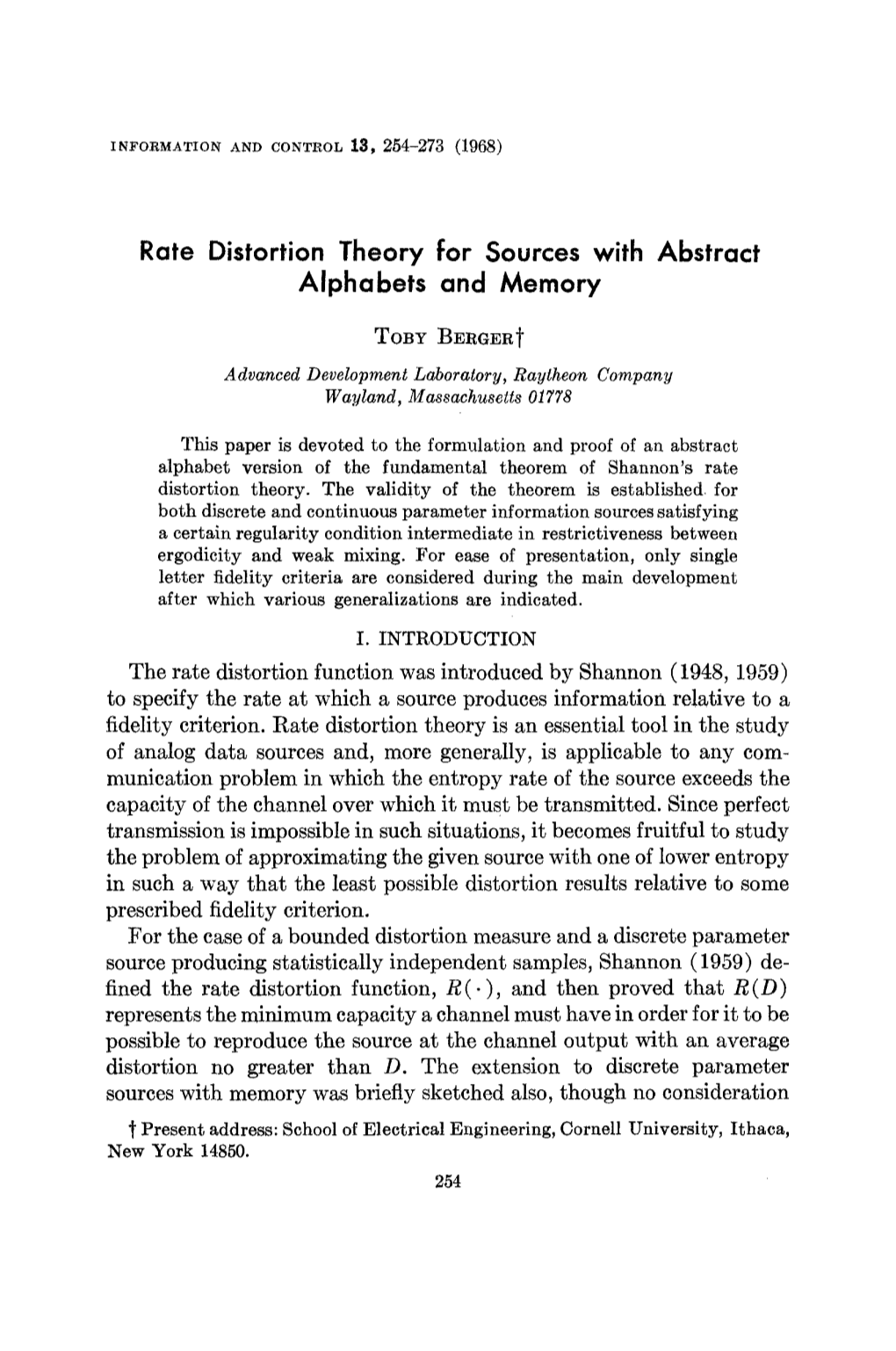 Rate Distortion Theory for Sources with Abstract Alphabets and Memory