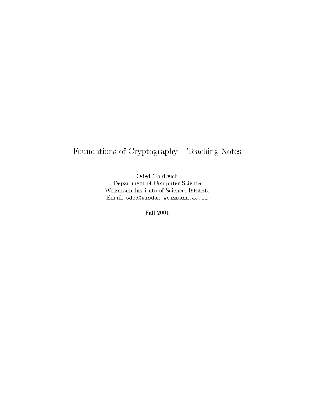 Foundations of Cryptography { Teaching Notes