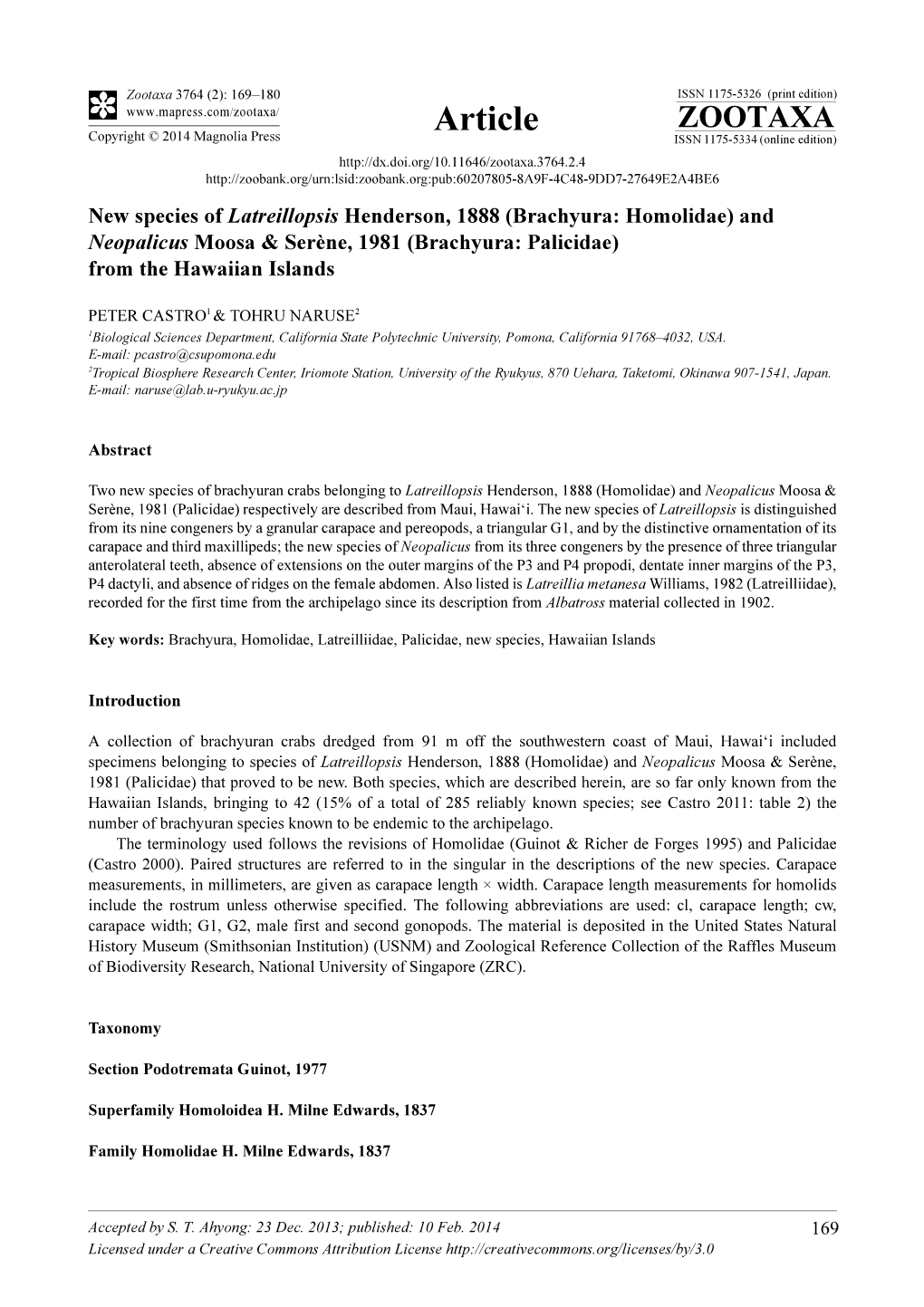 New Species of Latreillopsis Henderson, 1888 (Brachyura: Homolidae) and Neopalicus Moosa & Serène, 1981 (Brachyura: Palicidae) from the Hawaiian Islands