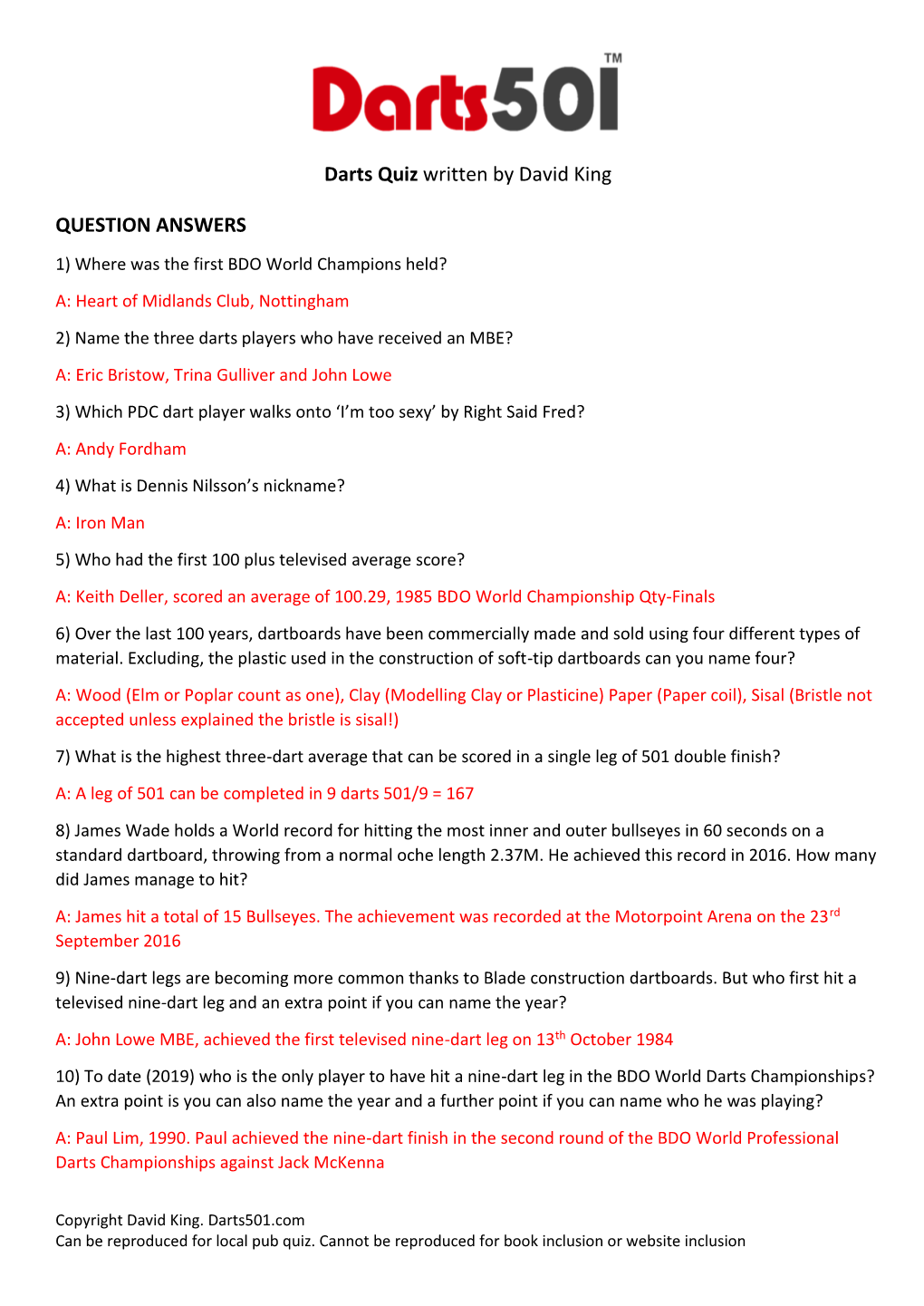 Darts Quiz Written by David King QUESTION ANSWERS