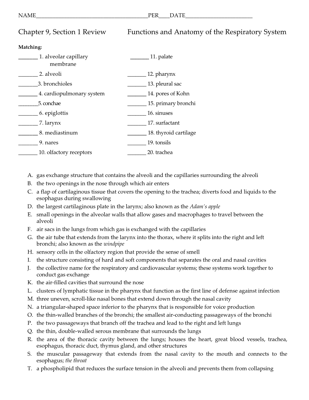 Chapter 9, Section 1 Review Functions and Anatomy of the Respiratory System