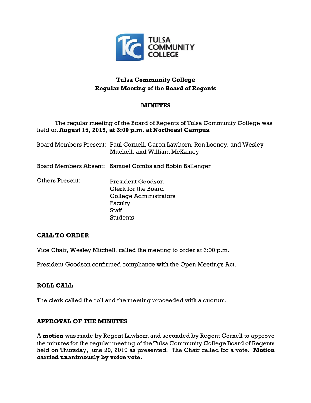 TCC Board of Regents Minutes August 15, 2019