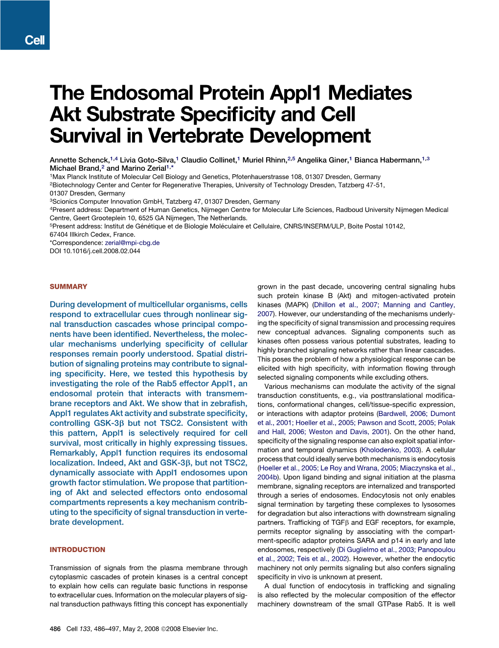 The Endosomal Protein Appl1 Mediates Akt Substrate Specificity and Cell Survival in Vertebrate Development
