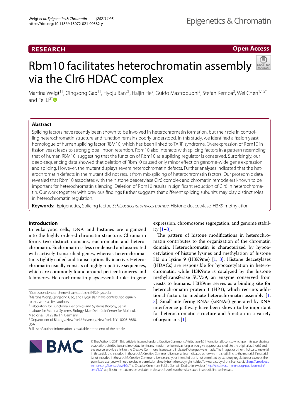 Rbm10 Facilitates Heterochromatin Assembly Via the Clr6 HDAC Complex