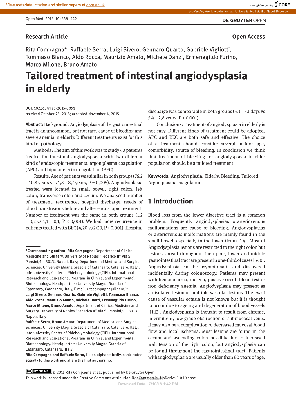 Tailored Treatment of Intestinal Angiodysplasia in Elderly